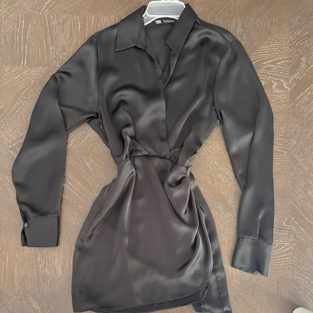 Zara Black Ruched Wrap Dress with Notched Collar